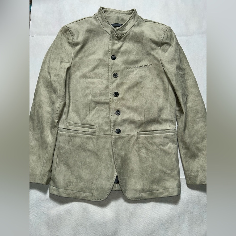 John Varvatos Light Olive Suede Button-Up Jacket Medium